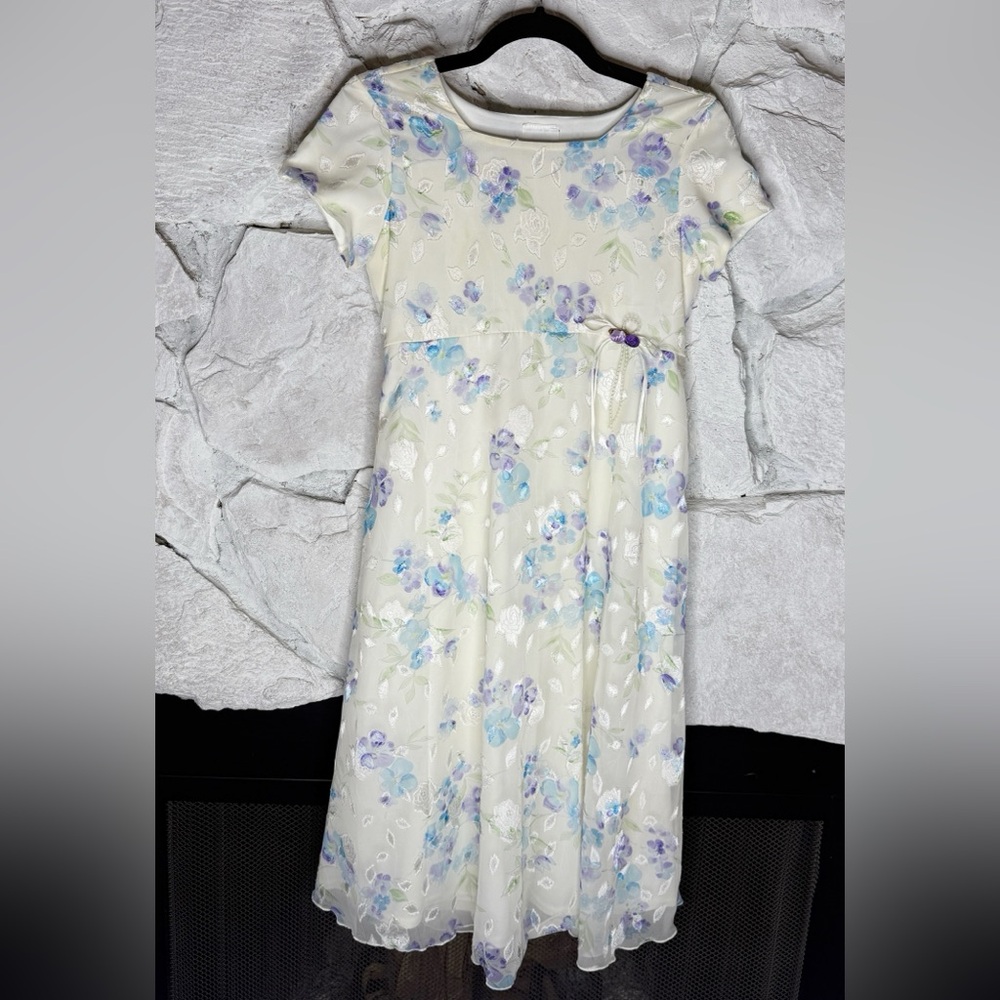 Rose Cottage | Girls Vintage Ivory Short Sleeve Floral Lined Dress Size 14
